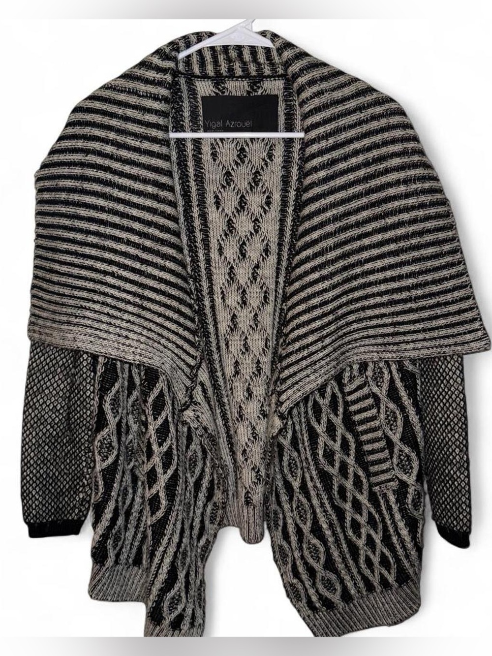Yigal Azrouel Black and Gray Cable-Knit Open-Front Cardigan